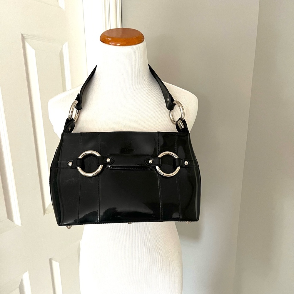 Black Patent Leather Beijo Bag with Silver Accents